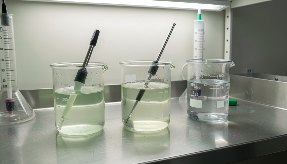 Laboratory beakers of clear and green solutions beside a pH meter on a stainless bench
